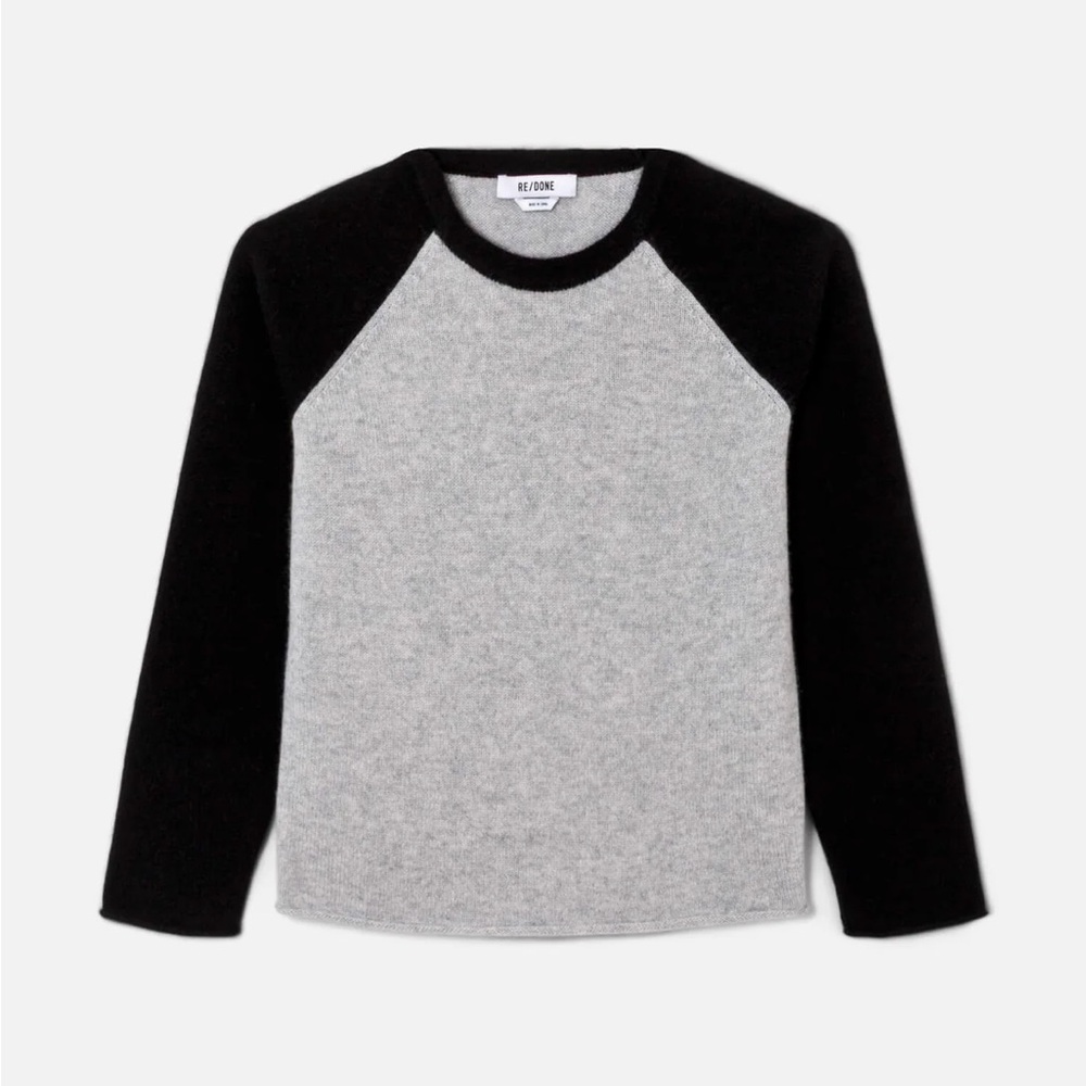 NWT Re/Done Cashmere Shrunken Baseball Raglan Sweater Light Heather Grey / Black
